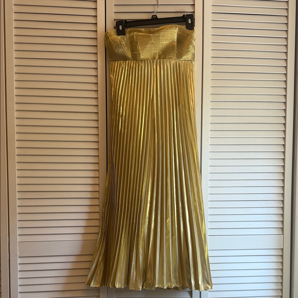 Strapless Metallic Gold Pleated Evening Dress